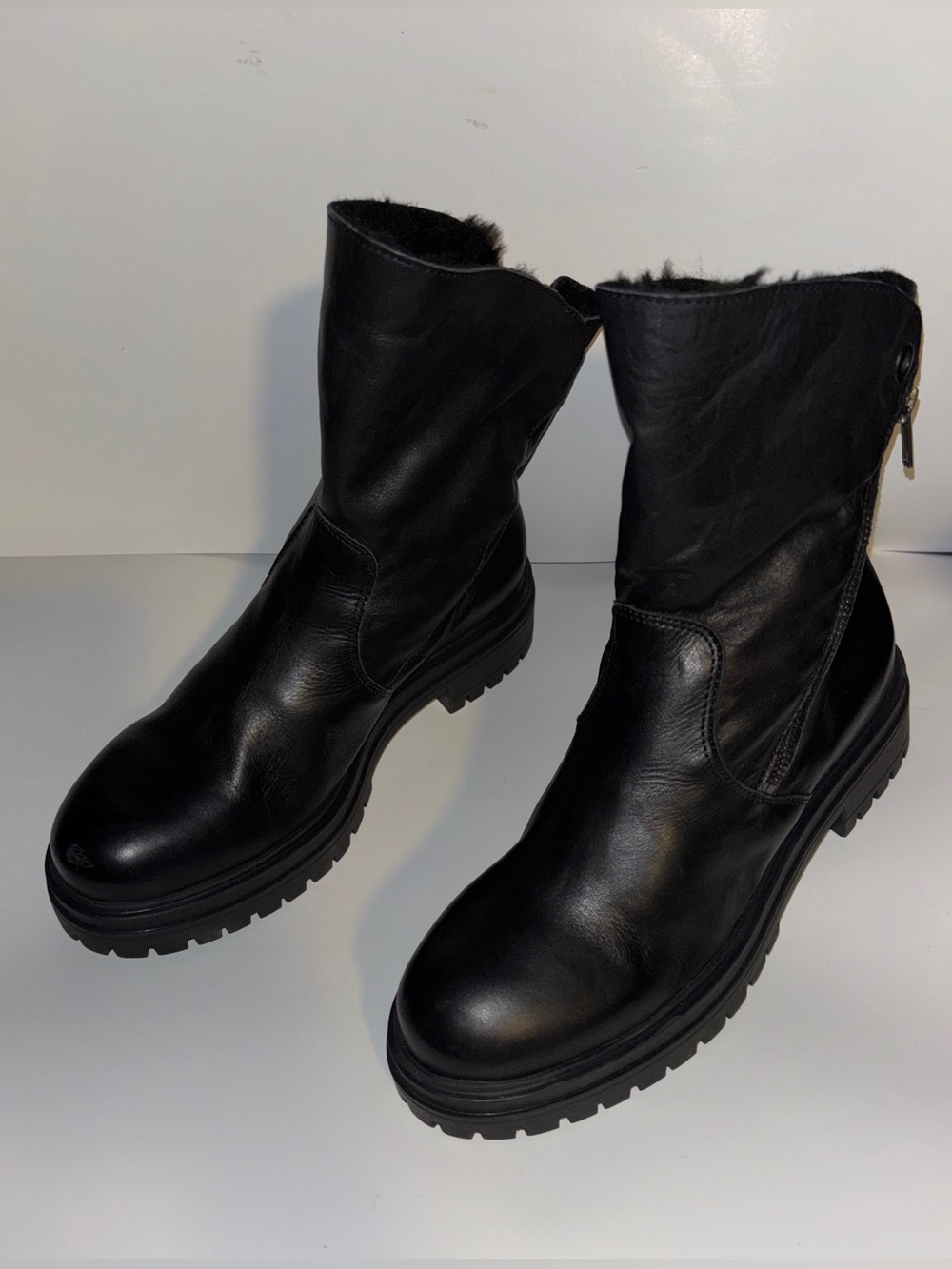 Avellini Leather Black Shearling Lined Ankle Biker Moto Boots Women 41-10.5-11